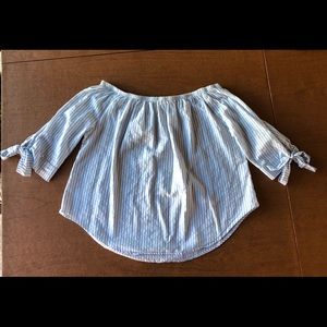 White & Light Blue Strip Off the Shoulder Shirt
